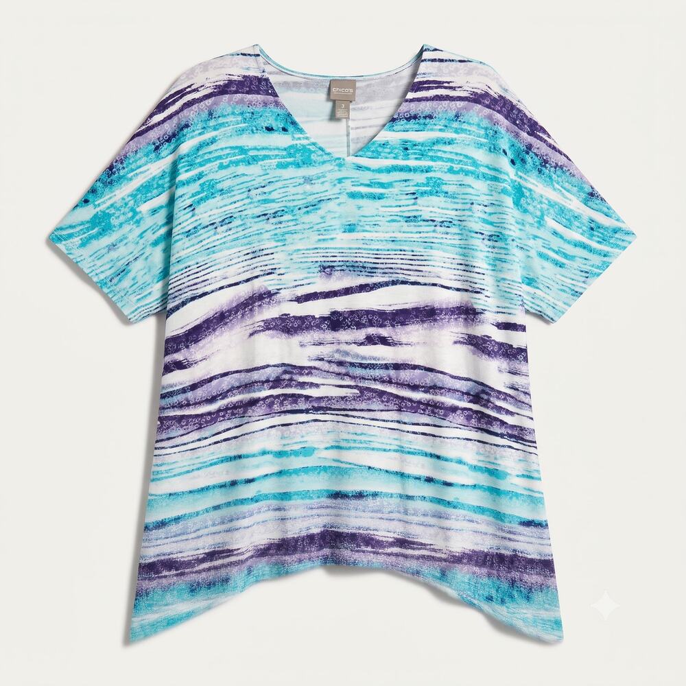 Chico's Womens XL Coastal Resortwear Vacation Artsy Modal V-Neck Sharkbite‎ Hem